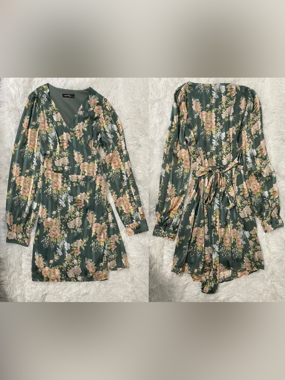 Floral V-Neck Wrap Mini Dress in Green
